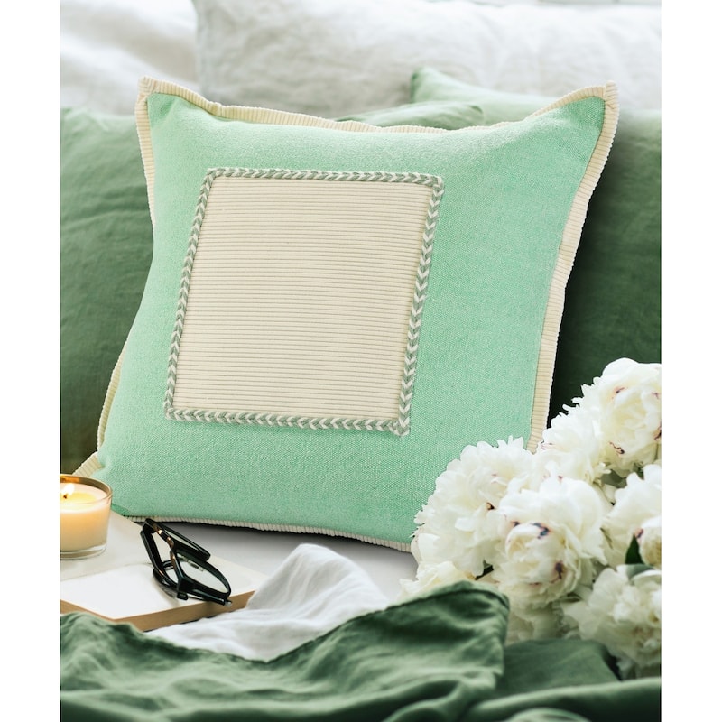 HomeRoots 20" X 20" Pastel Green And Cream 100% Cotton Zippered Pillow