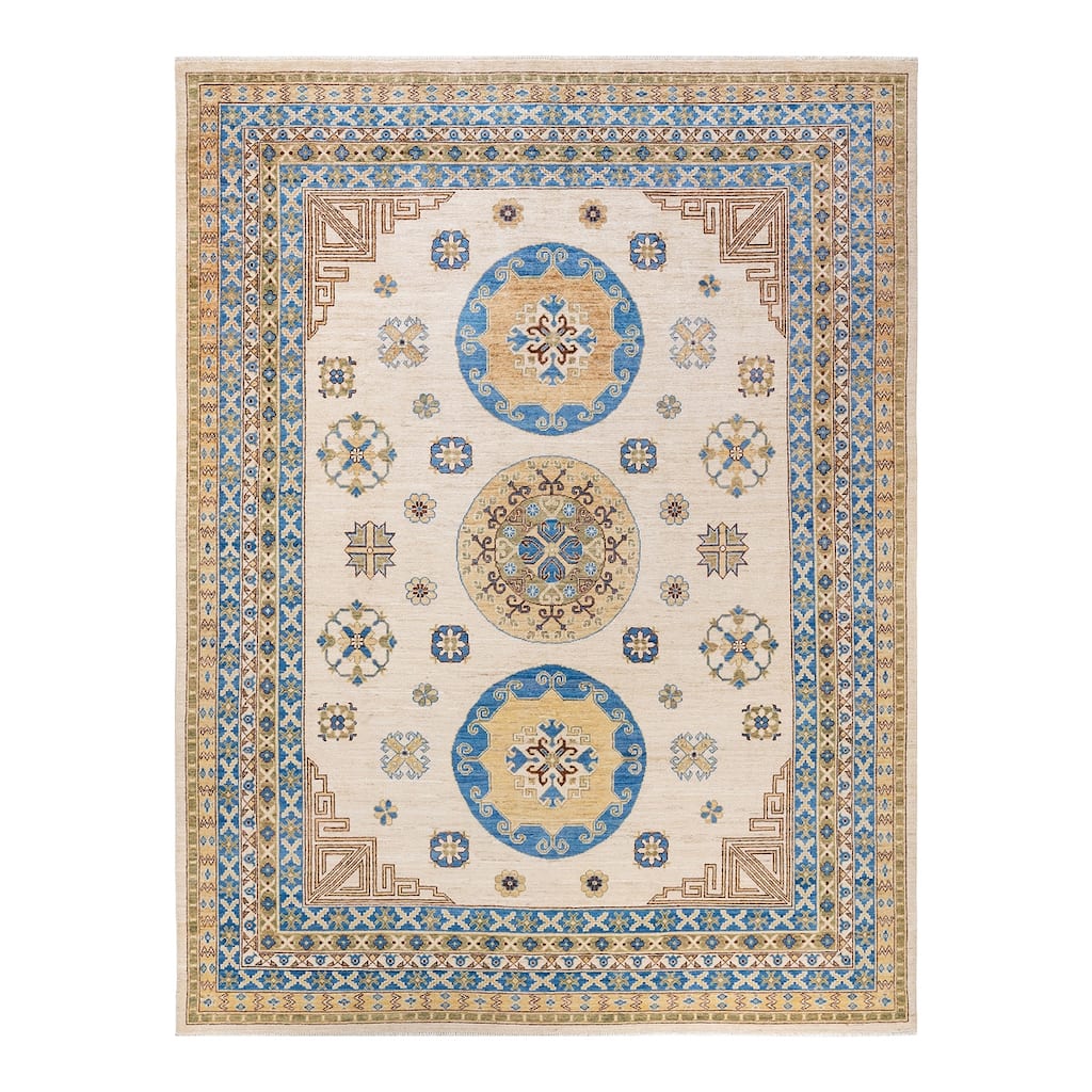Overton Hand Knotted Wool Vintage Inspired Traditional Khotan Ivory Area Rug - 9' 0" x 11' 10"