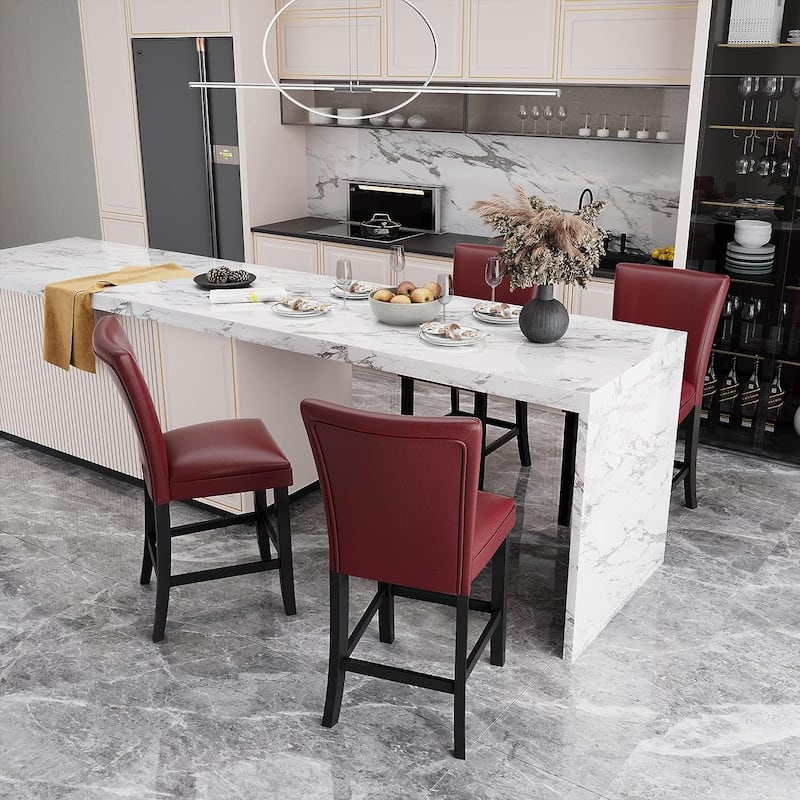 Bar Stools Faux Leather Upholstered Chairs Dining Chairs - Set of 4 - Red