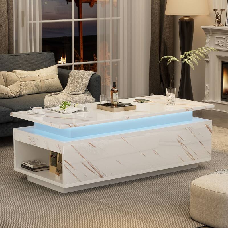 Smart LED Coffee Table 47.2" with Bluetooth Speaker & Wireless Charging, Modern White Marble Center Table - White