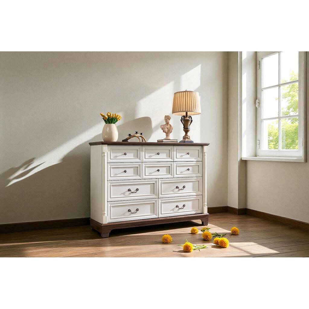 Rustic 10-Drawer Dresser Chest for Bedroom Wooden Base Storage Cabinet Antique Two-Tone Wood Grain for Living Room