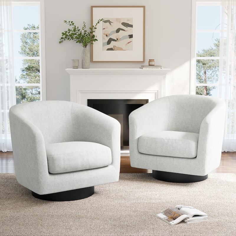 2 Set Chenille Swivel Barrel Chairs Upholstered Armchairs For Living Room - Beige