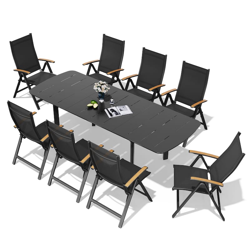9PC Outdoor Aluminum Expandable Patio Dining Table Extension Table with Floding Chair
