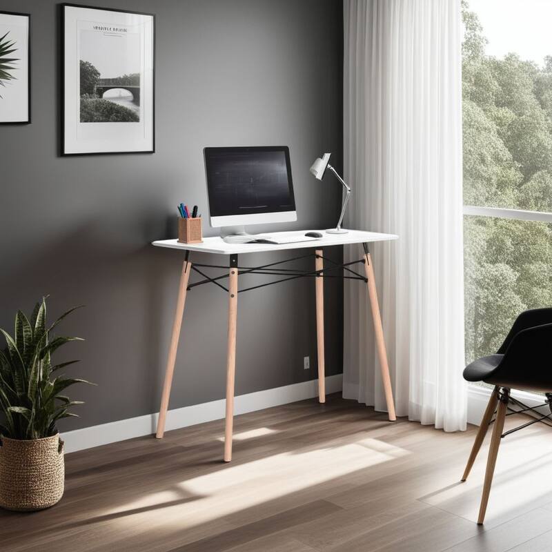 Laara Home Office Desk, White, Brown Wood, Metal Leg Braces, 36 Inch