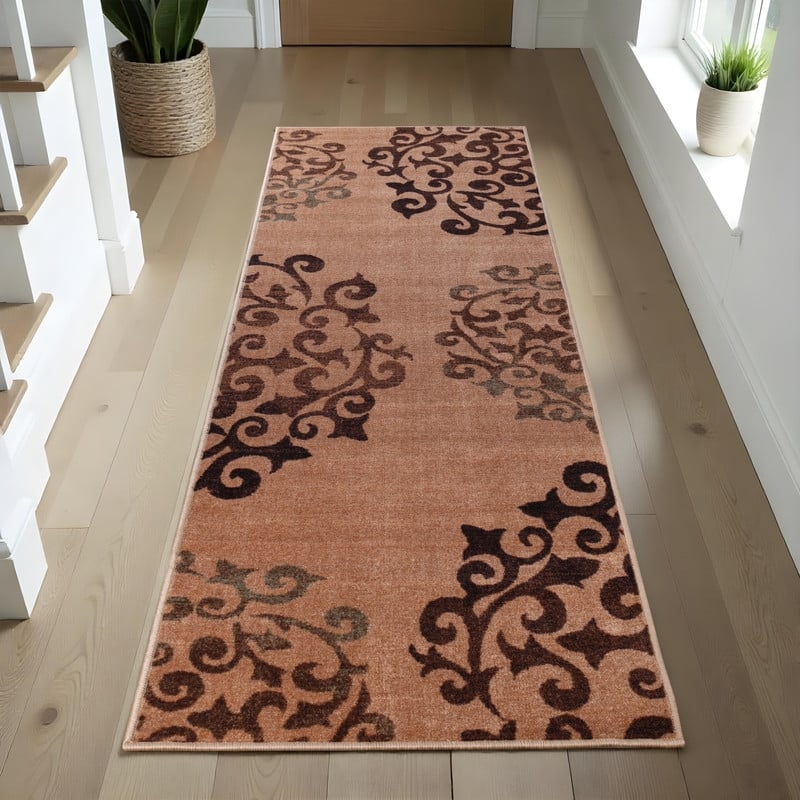 Superior Amber Floral Scroll Non-Slip Washable Indoor Runner or Area Rug - 2'7" x 6' - Camel