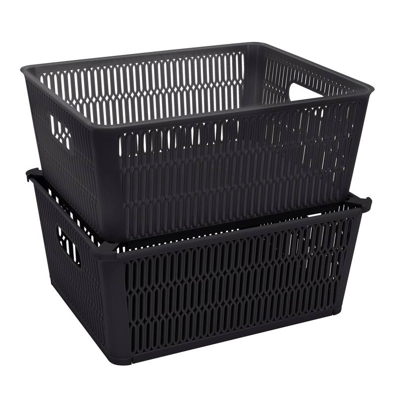 Simplify 2 Pack Slide 2 Stack It Storage Tote Baskets in Black