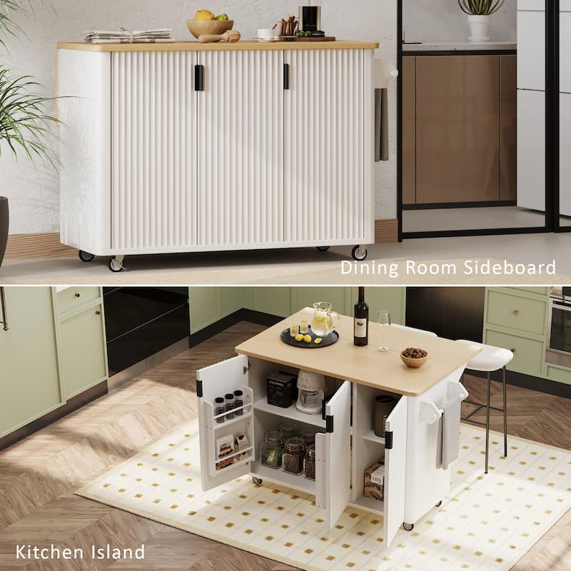 Anmytek 51" Fluted Rolling Kitchen Island with Drop Leaf & Storage, White Ash Farmhouse Cart with Towel Rack