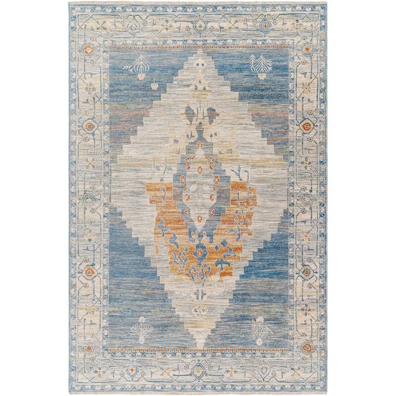 Patia Faded Traditional Area Rug - 6'7" Round - Blue/Burnt Orange