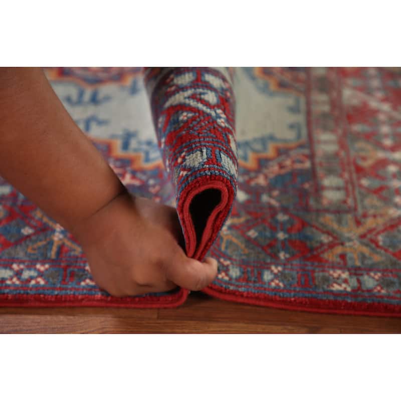 Geometric Kazak Accent Rug Hand-Knotted Blue Wool Carpet - 3'1"x 4'9"