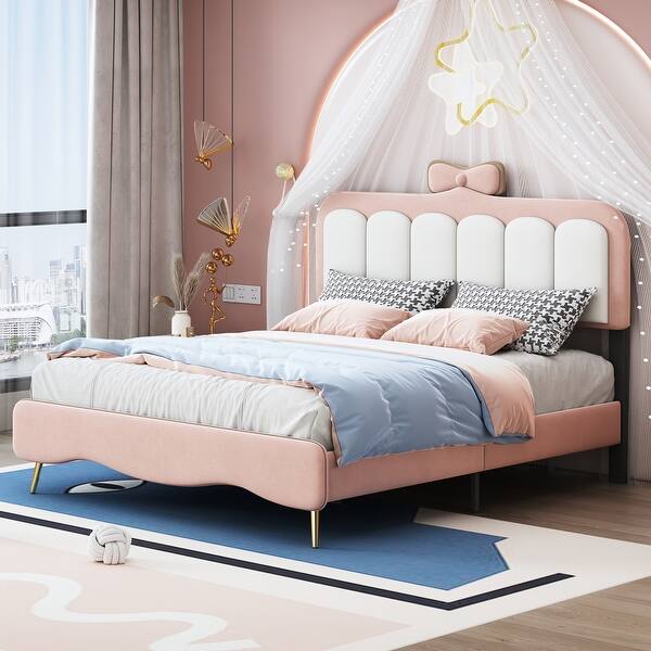 slide 2 of 8, Full Velvet Bed with Bow Knot Headboard and Metal Legs, Ideal for Girls Pink - Full