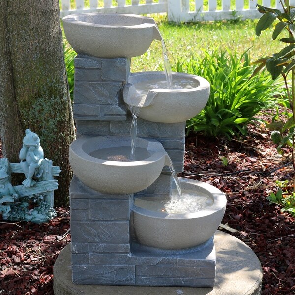 Sunnydaze 4-Tier Descending Stone Bowls Outdoor Fountain with LEDs - 22-Inch