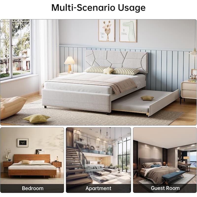 Twin to Full Trundle Upholstered Platform Bed with Headboard, Wood Slat Support, Ideal for Guest or Kids Room