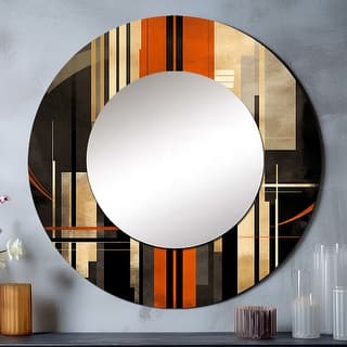 Designart "Orange And Grey Vectors I" Abstract Shapes Round Bathroom Mirror - orange Modern Round Wall Décor