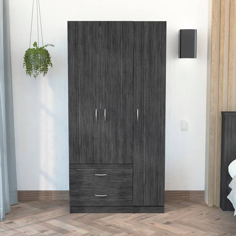 Austral 3 Door Armoire with Drawers, Shelves, and Hanging Rod