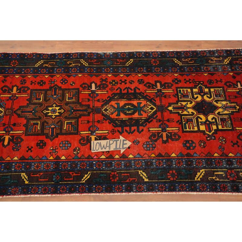 Hand Knotted Oriental 100% Wool Carpet Traditional Geometric Oranges & Rust Heriz Runner Rug - 14' 9'' X 3' 0''