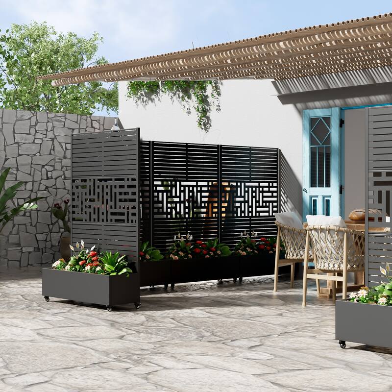 Metal Movable Planter Box with Trellis Privacy Screen Planter Box with Lockable Wheels