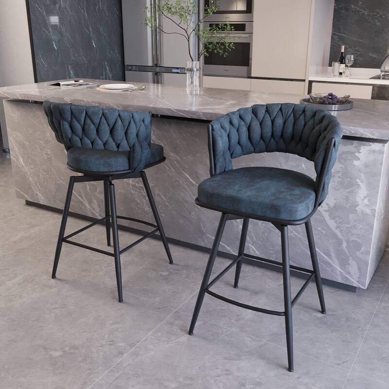 Suede Woven Bar Stool Set of 4, No Adjustable Kitchen Island Chairs,360 Swivel Upholstered Counter Stool with Back Footrest
