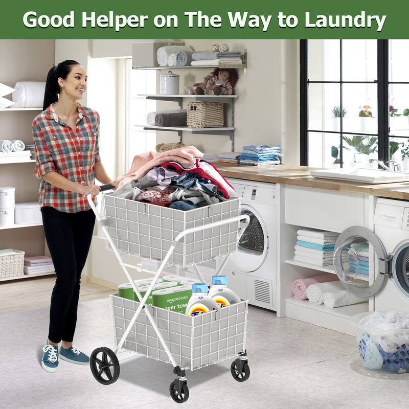 Foldable 2 Layers Grocery Shopping Cart with Double Basket and 360 Rolling Swivel Wheels