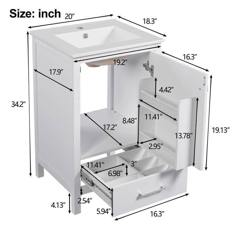 20" Bathroom Vanity with Ceramic Sink, Soft-Close Drawer & Door, Double-Layer Door Organizer