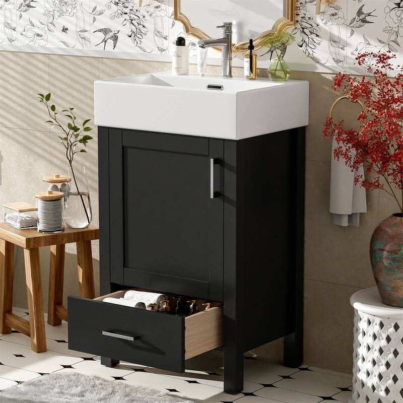 20'' Bathroom Vanity with Ceramic Sink Top, Freestanding Bathroom Vanity Cabinet with 1 Soft Close Door and 1 Storage Drawer