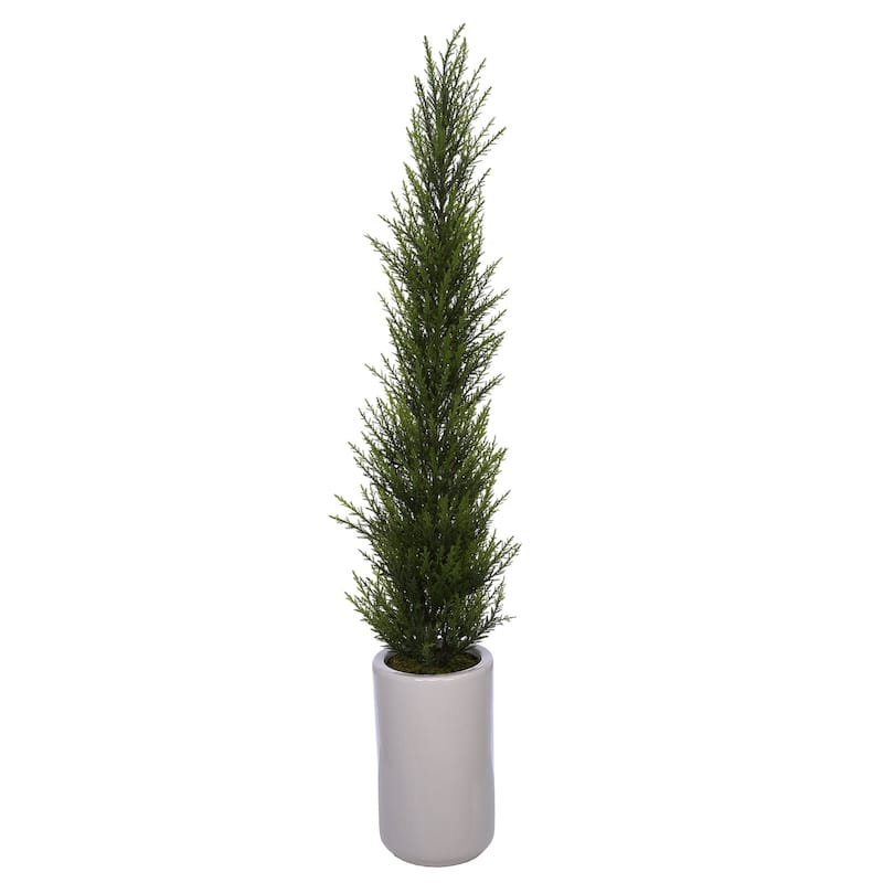 Faux 38-Inch Cedar Pencil Topiary in White Cylinder Ceramic Vase