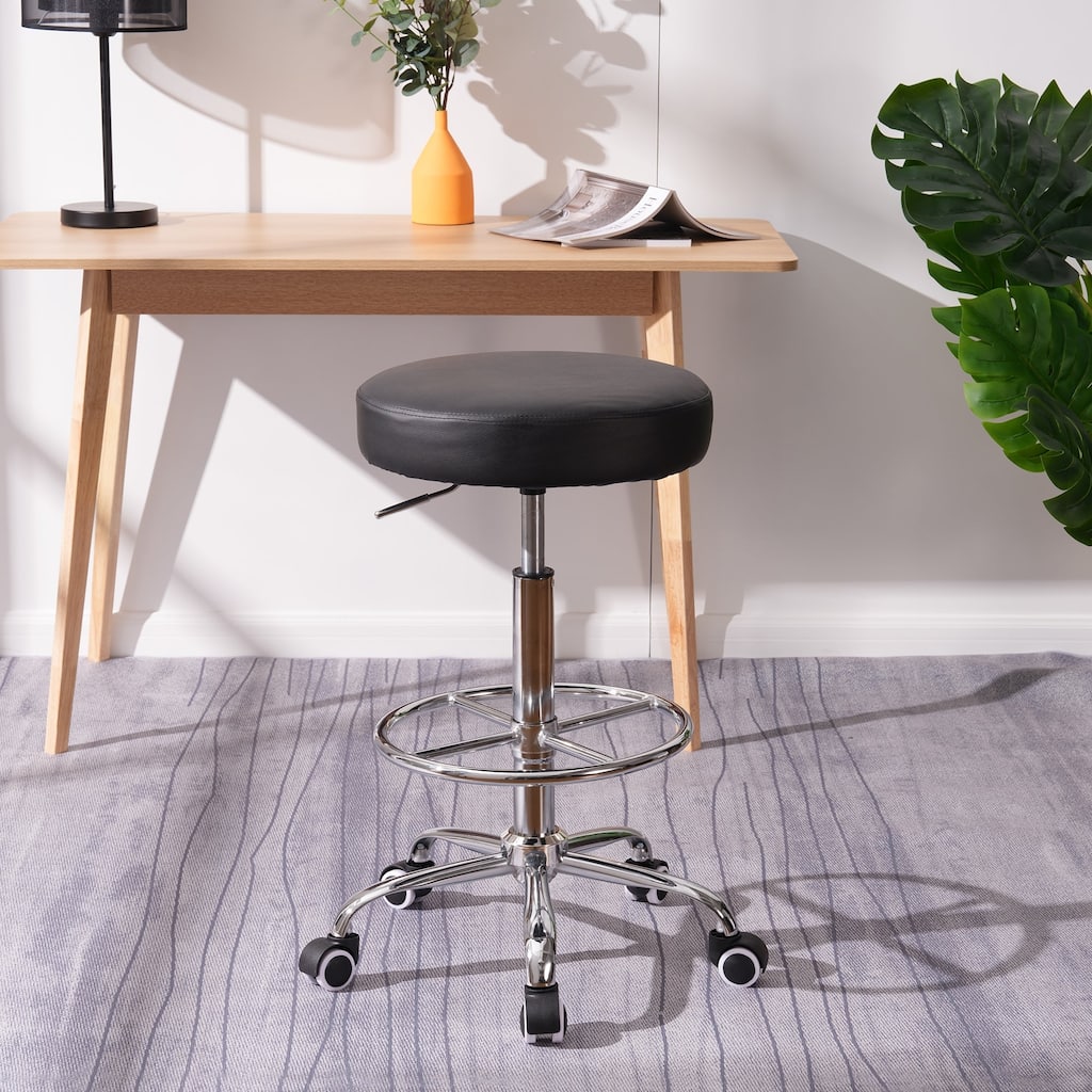 VECELO Round Drafting Stool Swivel Rolling Chair PU Leather Height Adjustable with Wheels Footrest Home Office Chair