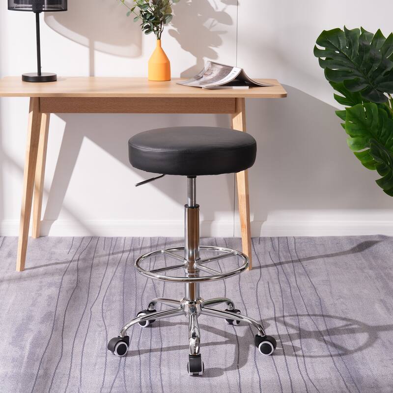 VECELO Round Drafting Stool Swivel Rolling Chair PU Leather Height Adjustable with Wheels Footrest Home Office Chair - Black