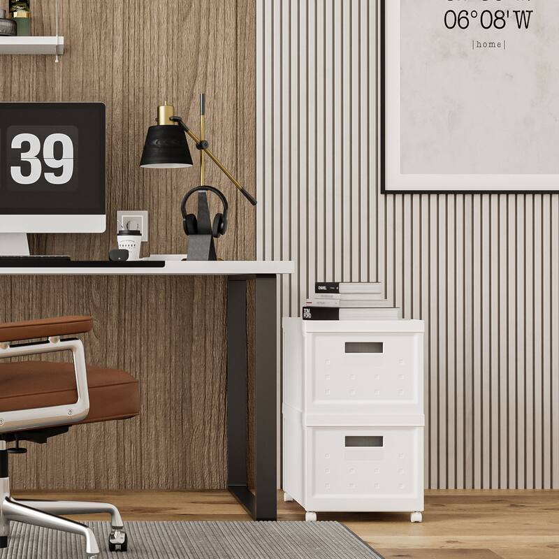 Set of 2 Collapsible Stackable Rolling File Boxes & Lids and 10 Hanging Files,Portable Plastic File Cabinet with wheels - White