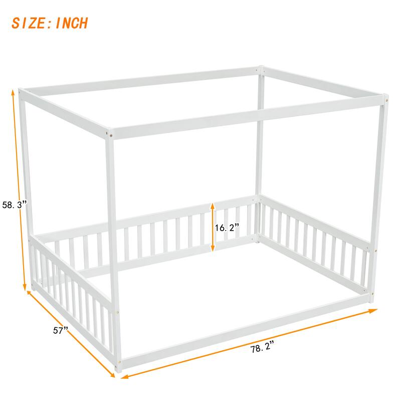 Full Size Wooden Canopy Floor Bed with Guardrails and Fence, Rubber Wood Frame, Kids Montessori Bed