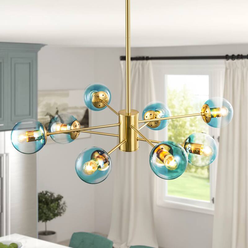 8-Light Modern 2-Tier Sputnik Linear Cluster Gradient Blue Clear Glass Globe Bubble Chandelier