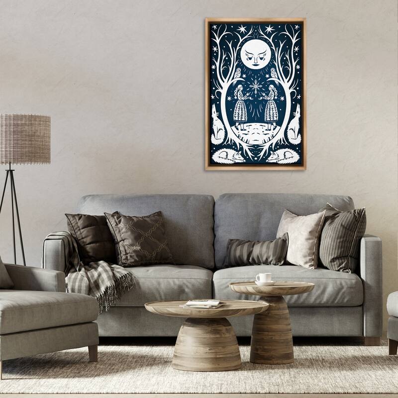 Stupell Woodland Folk Girls with Moon Framed Floater Canvas Wall Art Design By Hannah Moren