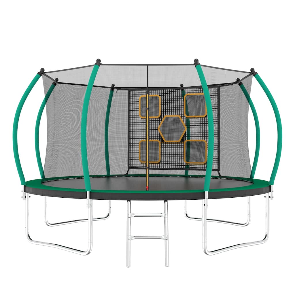 Round Recreational Trampoline - Safety Enclosure Net, Ladder, ASTM Approved - Black+Green - 144