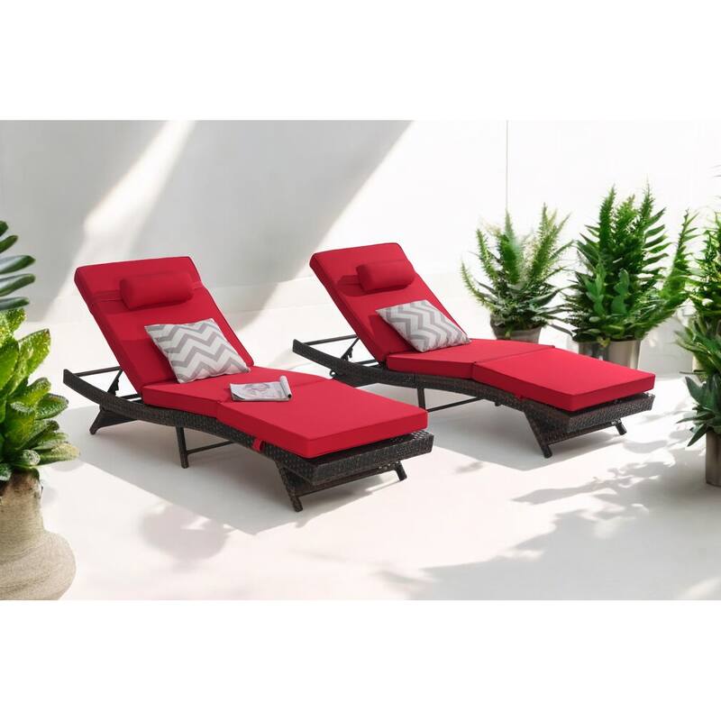 Adjustable Wicker Lounge Chair Set of 2 - Reclining Sunbathing Chairs with Cushions, All-Weather PE Rattan for Patio & Garden