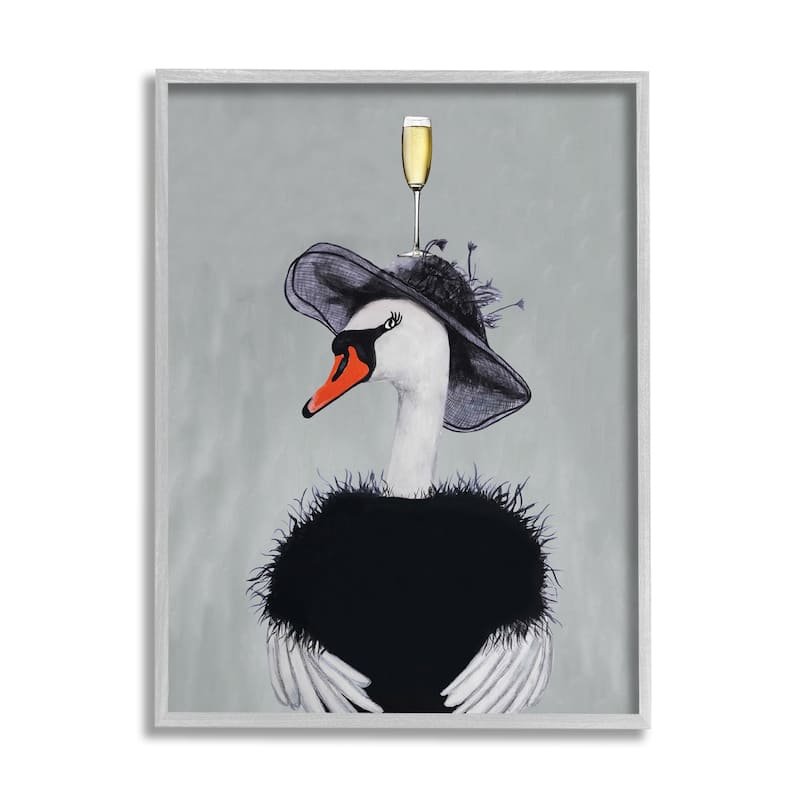 Stupell Fashionable Swan Champagne Glass Wearing Hat Dress Framed Wall Art - Black - 16 x 20 - Grey