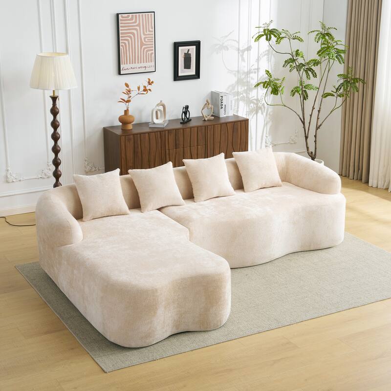 Full Compression L-Shape Sectional Sofa With Curved Chaise, Beige Modular Chenille Couch,High-Density