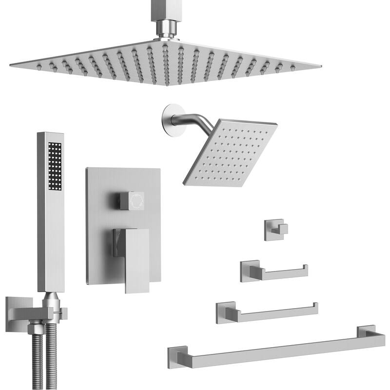 GRANDJOY Dual Shower Heads Shower System with 4-Piece Bathroom Towel Bar Hardware Set Combo - Brushed Nickel