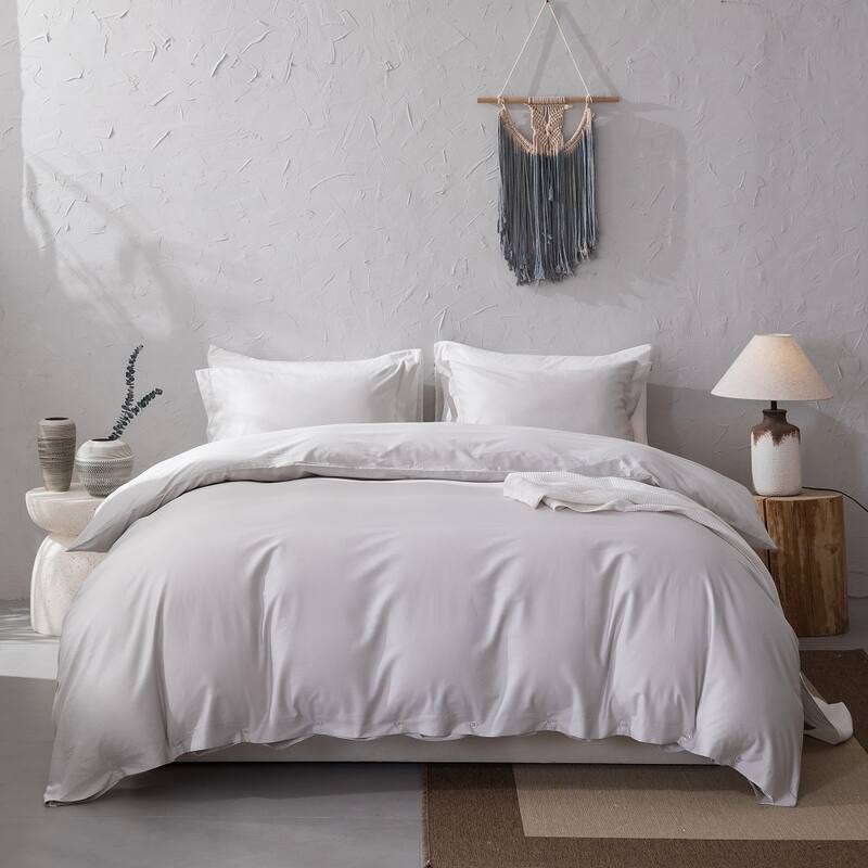 WHOLINENS Long Staple Cotton Sateen 400 TC Duvet Cover Set, Solid Color
