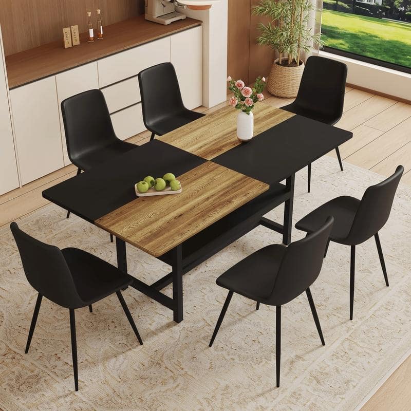 Modern 7-Piece Wood & Black Dining Table Set with Storage and 6 PU Leather Chairs