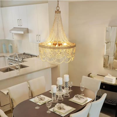 Farmhouse Distressed Wood Beaded Chandelier Empire 3-light Hemp Rope Basket Coastal Ceiling Lights - D 20" x H 33"
