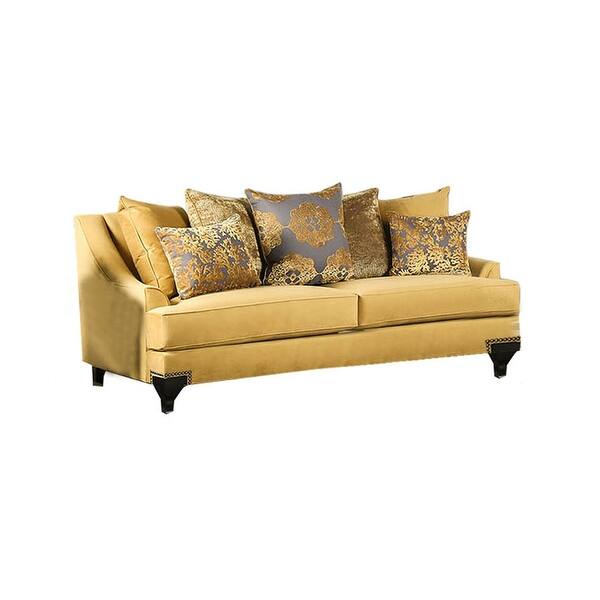 Velvetlike Fabric Sofa with Sloped Arms Design in Gold Bed Bath