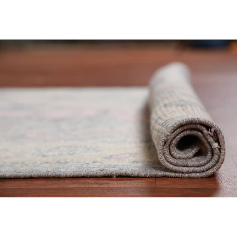 Hand Knotted Oriental 100% Wool Carpet Transitional Geometric Greys & Charcoal Oushak Runner Rug - 16' 1'' X 3' 5''