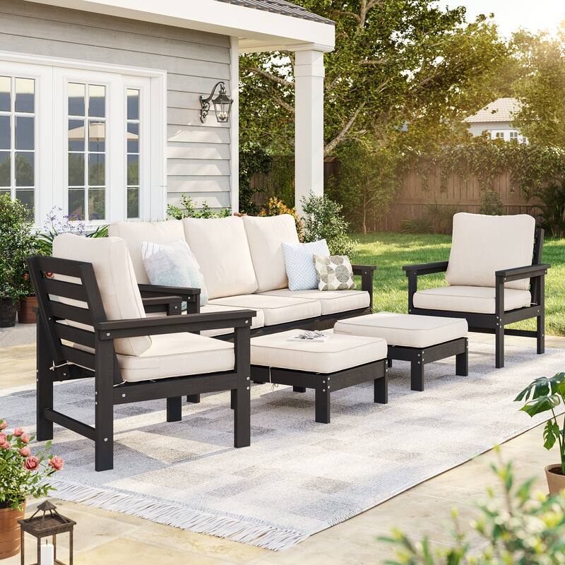 HIPS Outdoor Sofa Set with 3.9 Inch Cushions & Ottoman (Set of 5) - Black/Beige
