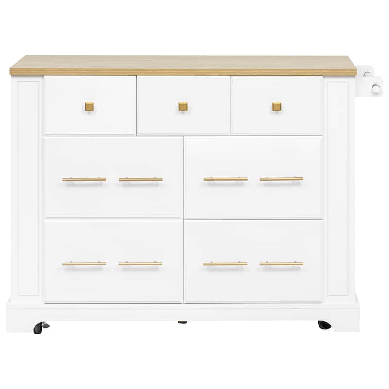 Kitchen Island with 6 Drawers, Pull Out Trash Can Storage, with Drop Leaf, Power Outlet, 5 Open Side Racks