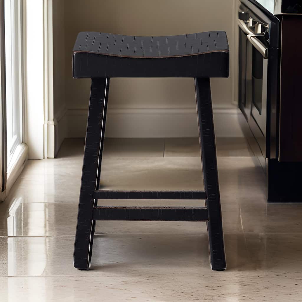 Bianca Counter Stool Set of 2, Saddle Seat, Farmhouses Black Solid Wood
