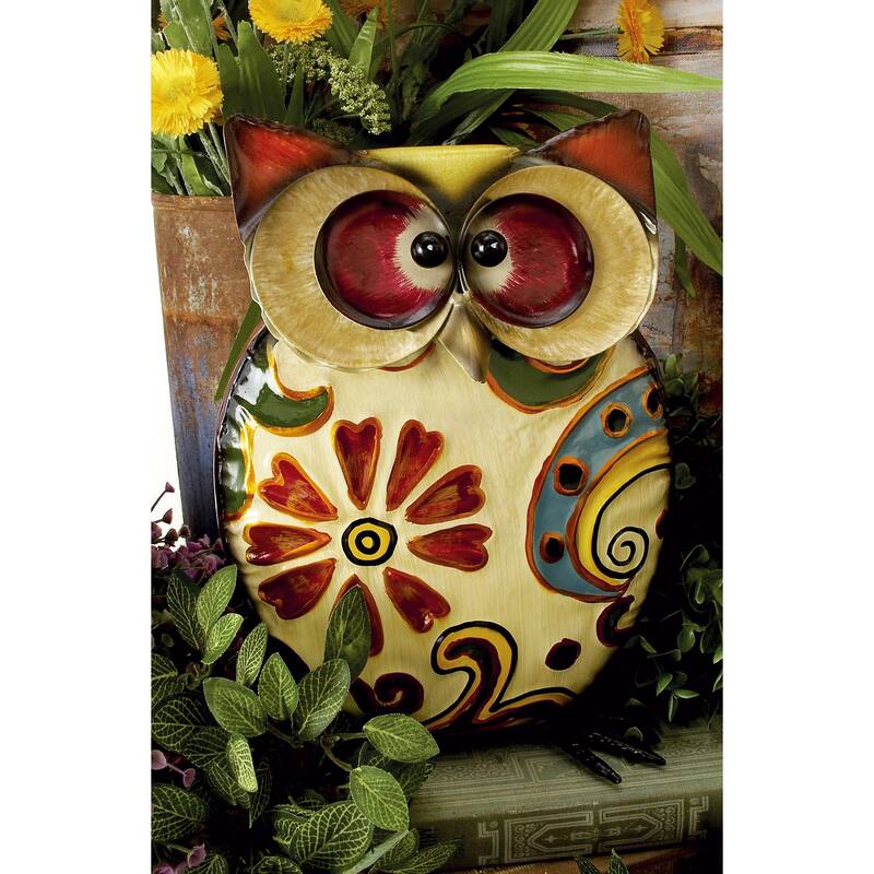 Yellow Metal Indoor Outdoor Owl Decorative Garden Sculpture with Floral Pattern - Yellow