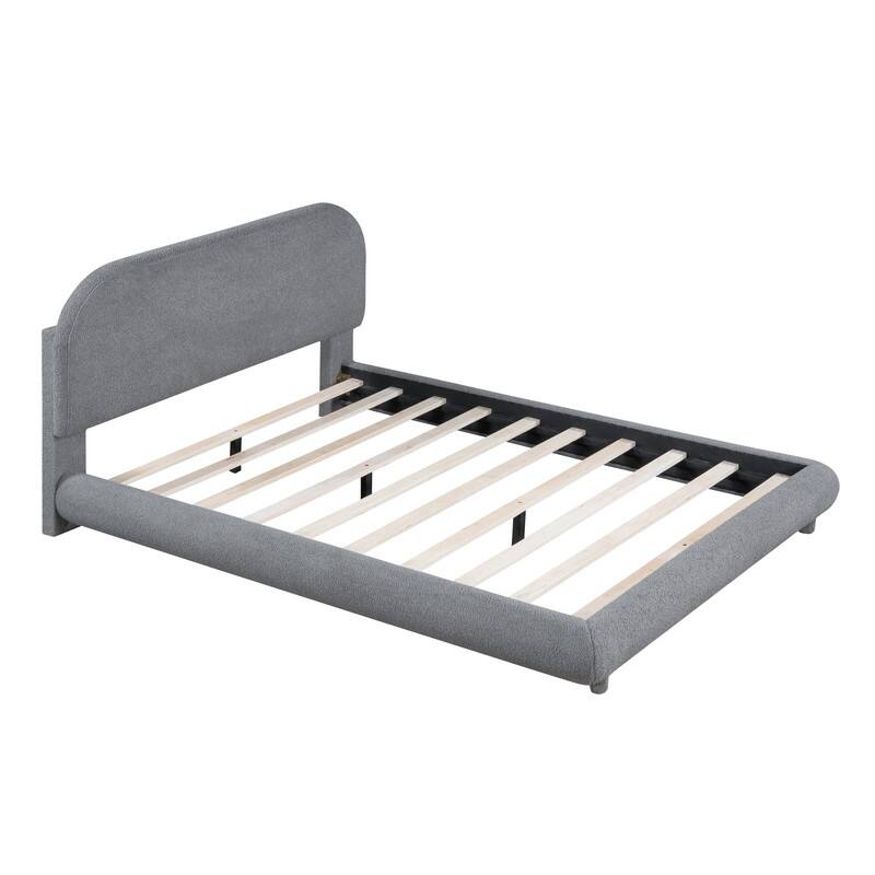 Full/Queen Size Teddy Fleece Upholstered Bed with Thick Fabric, Platform Bed Frame with Headboard & Stylish Curve-shaped Design