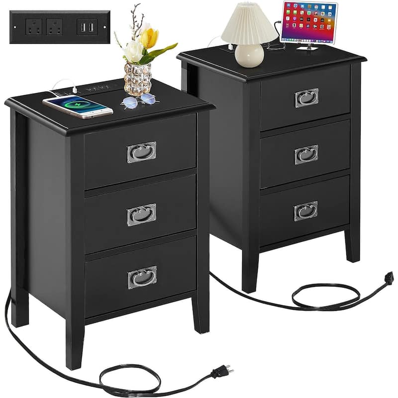 Javlergo Set of 2 Wooden Nightstand with Charging Station, Side End Table with USB Drawer and Open Storage Shelf - Black - 3-drawer