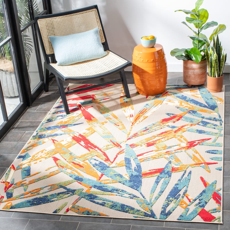 SAFAVIEH Cabana Frederique Indoor/ Outdoor Waterproof Patio Tropical Rug - 4'5" x 6'5" - Ivory/Navy