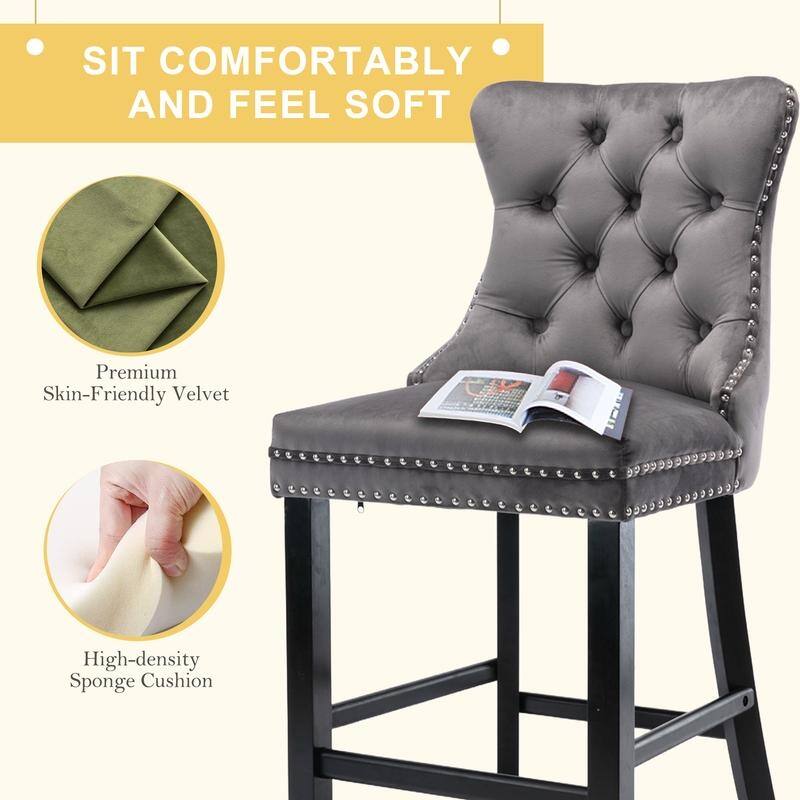 Contemporary Upholstered Velvet Barstools with Button Tufted Set of 2