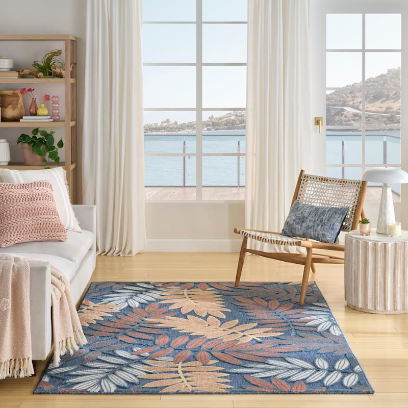 Nourison Aloha Leaf Print Vibrant Indoor/Outdoor Area Rug - 3'6" x 5'6" - Blue/Rose